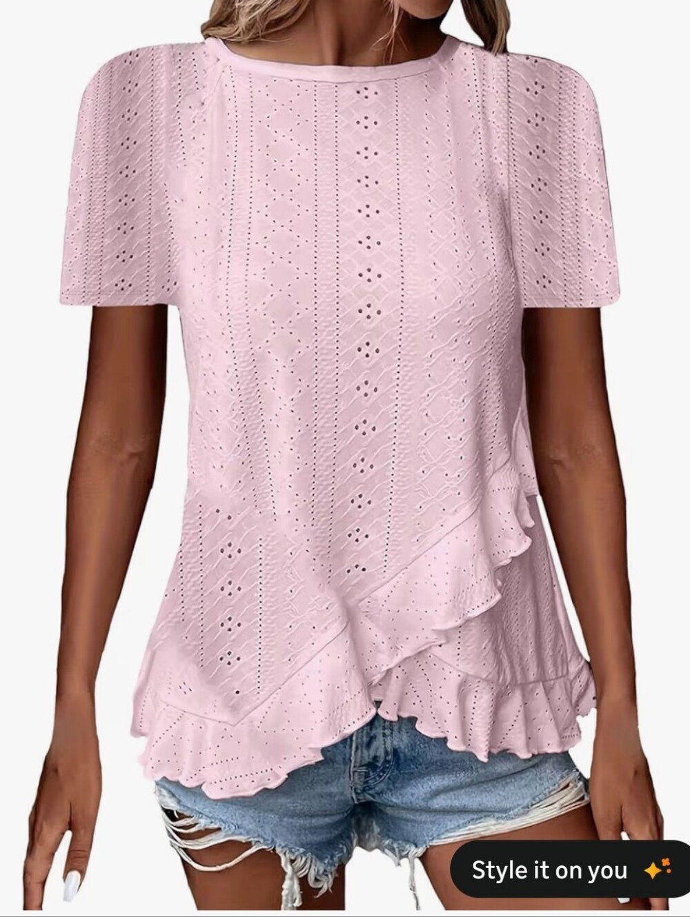 Women's Pink Eyelet Ruffle Short Sleeve Top #107